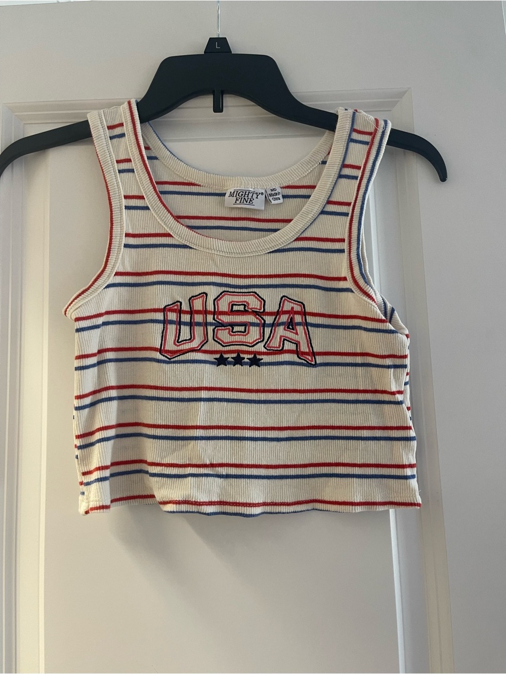 Mighty Fine Cream Ribbed Tank with Red & Blue Stripes